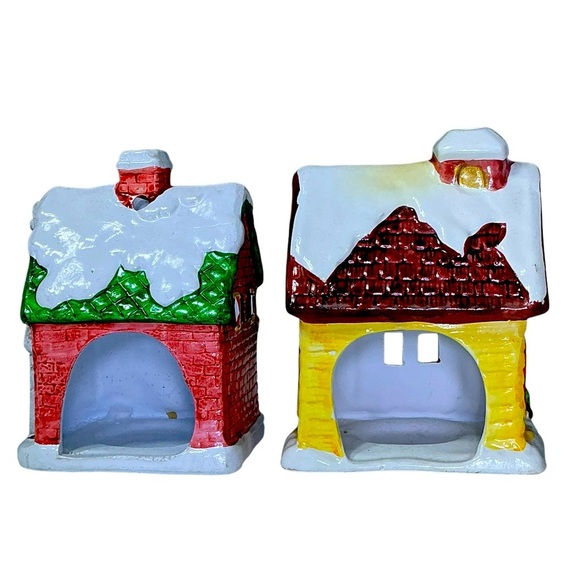 Christmas Village Vintage Candle Burner Holders Schoolhouse Home Set of 2 - Picture 5 of 16